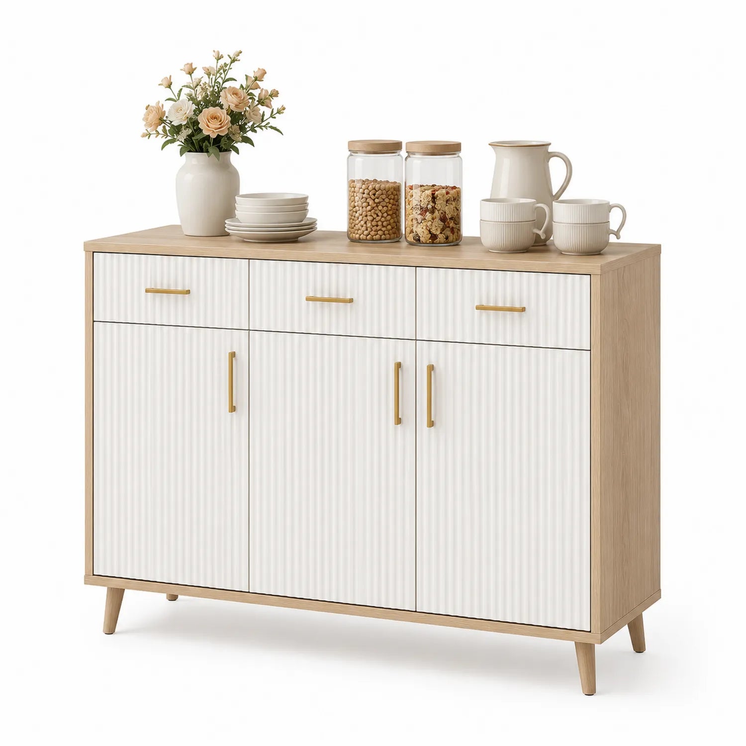 Aparador de madera y MDF blanco y roble 120x80x40 cm