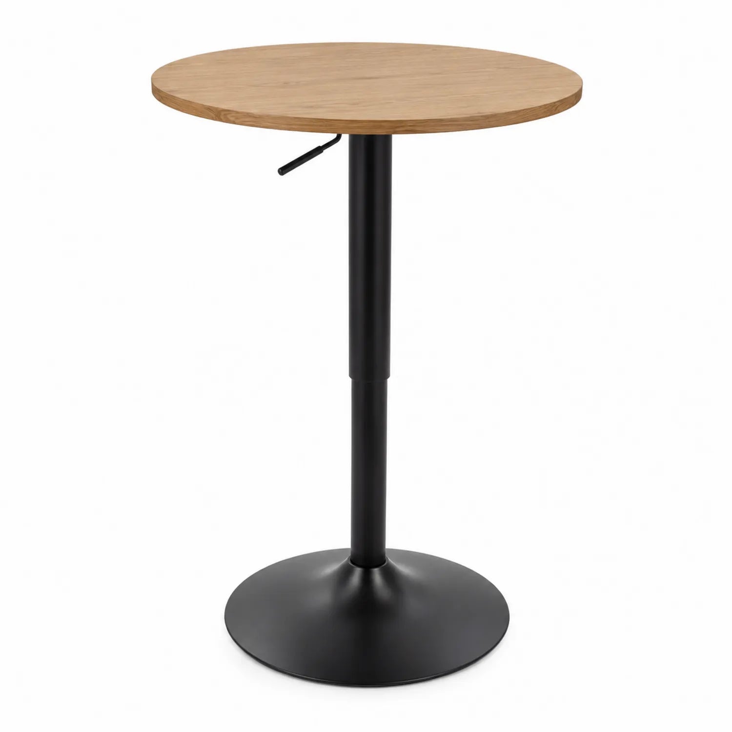 Mesa redonda ajustable de madera con base de acero negro