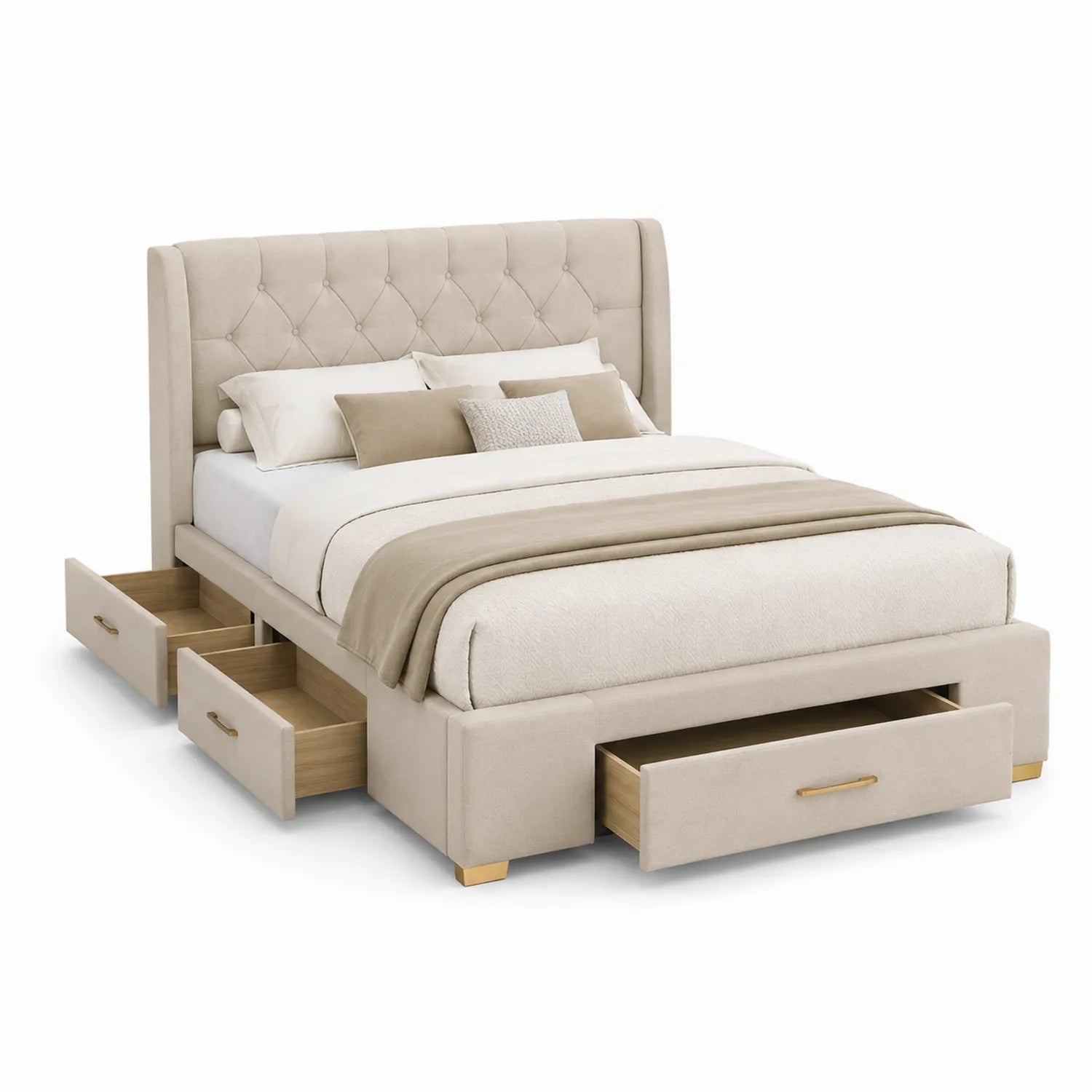 Cama con almacenamiento tapizada en poliéster Beige 200x150 cm