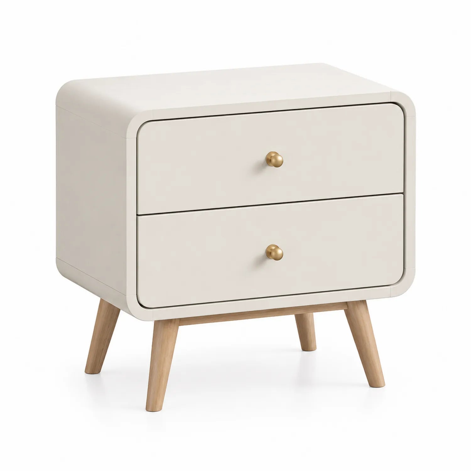 Mesa de noche con dos cajones de MDF y patas de madera de pino 50x40x60 cm Beige