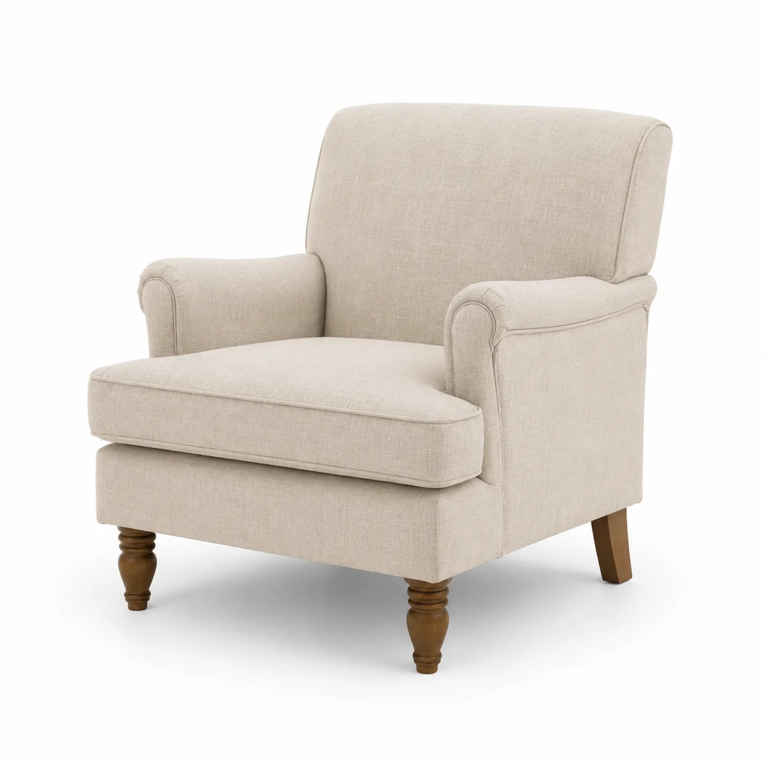 Sillón de tela con patas de madera beige