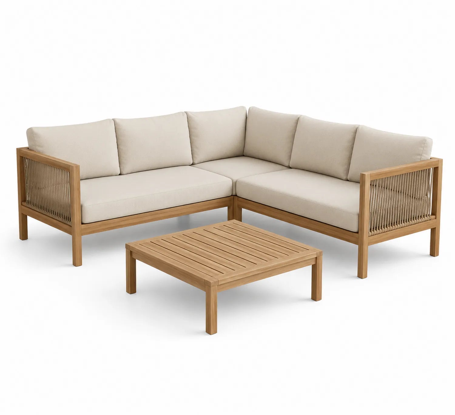 Sofá esquinero para exterior en madera con cojines color Beige