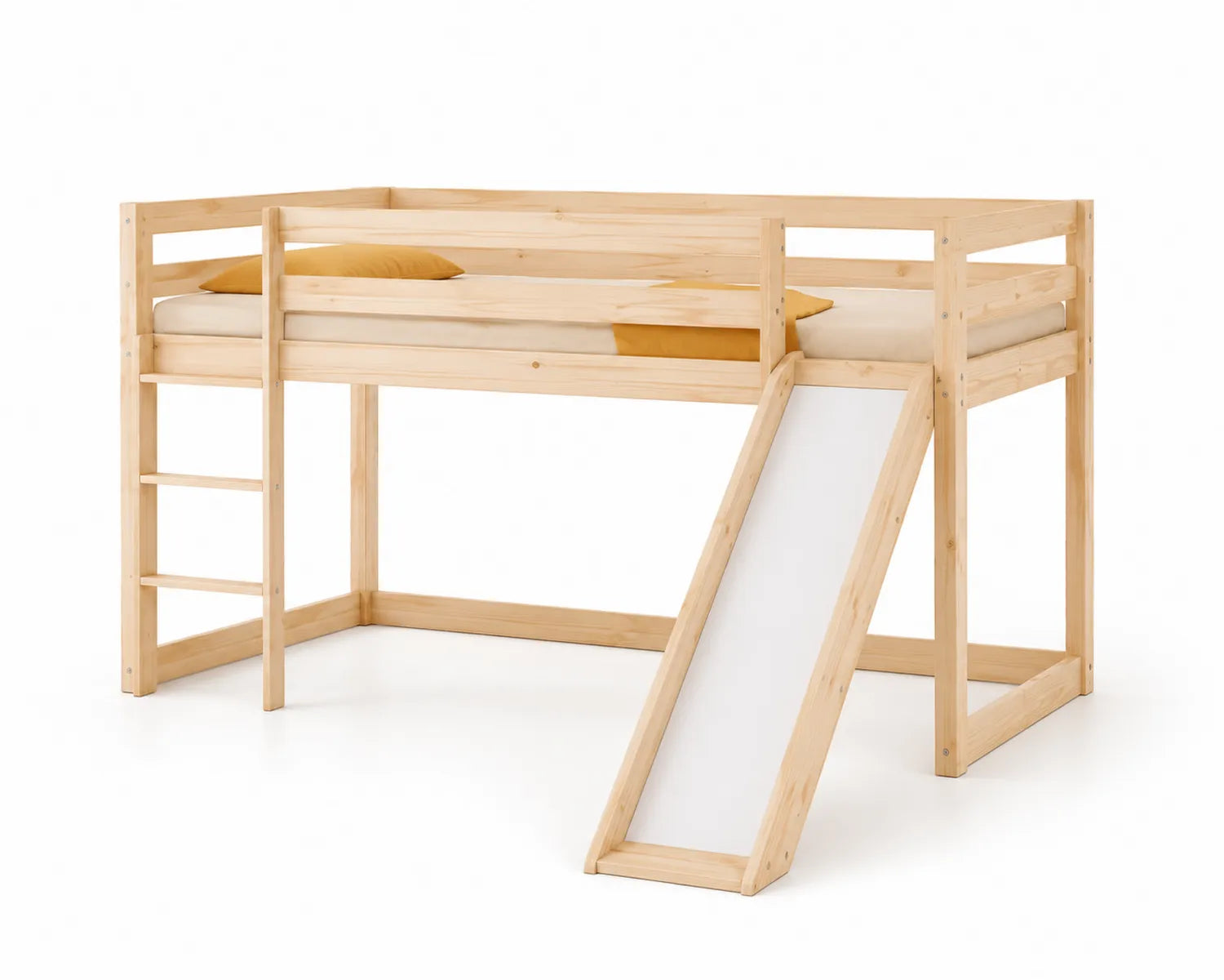 Cama alta de madera de pino con tobogán para niños, Natural, 200x90x110 cm