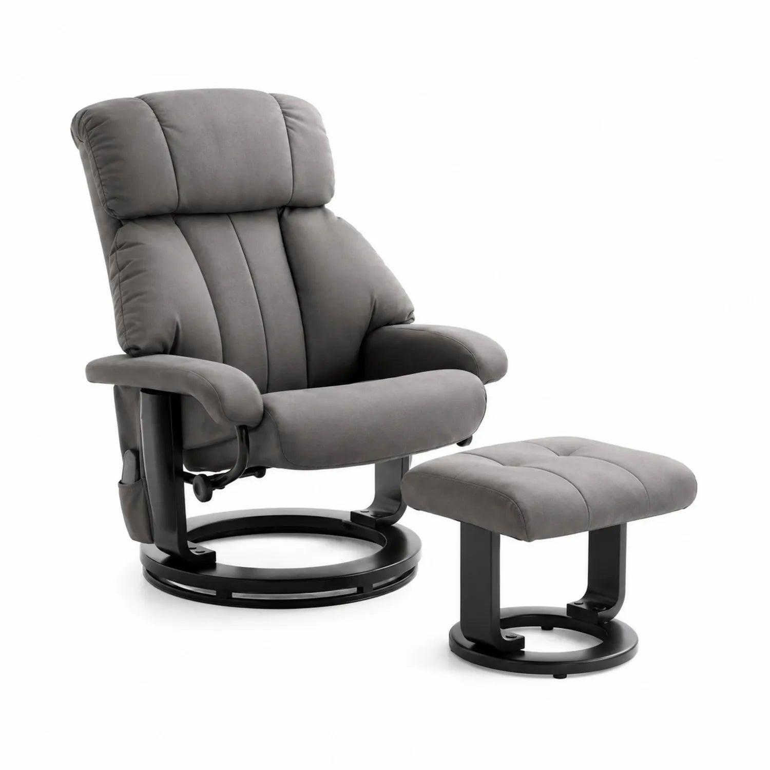 Silla reclinable de poliéster gris con base de metal y reposapiés