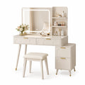 Tocador de dormitorio con espejo iluminado y taburete, madera compuesta, color Beige, 120x40x130 cm