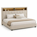 Cama tapizada con cabecero de estantería beige
