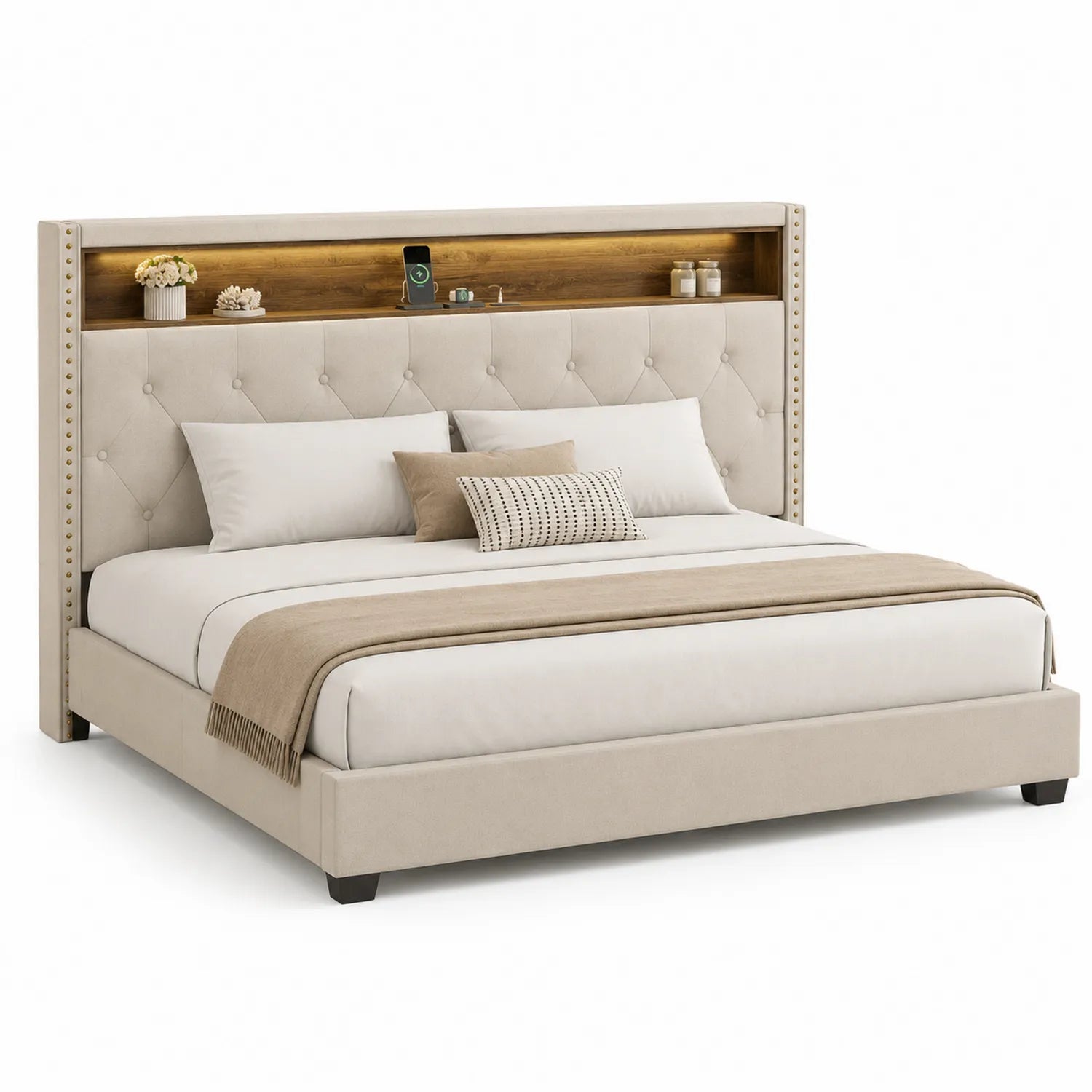 Cama tapizada con cabecero de estantería beige