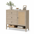 Aparador de roble con 3 cajones y puerta de mimbre 100x90x35 cm en Beige