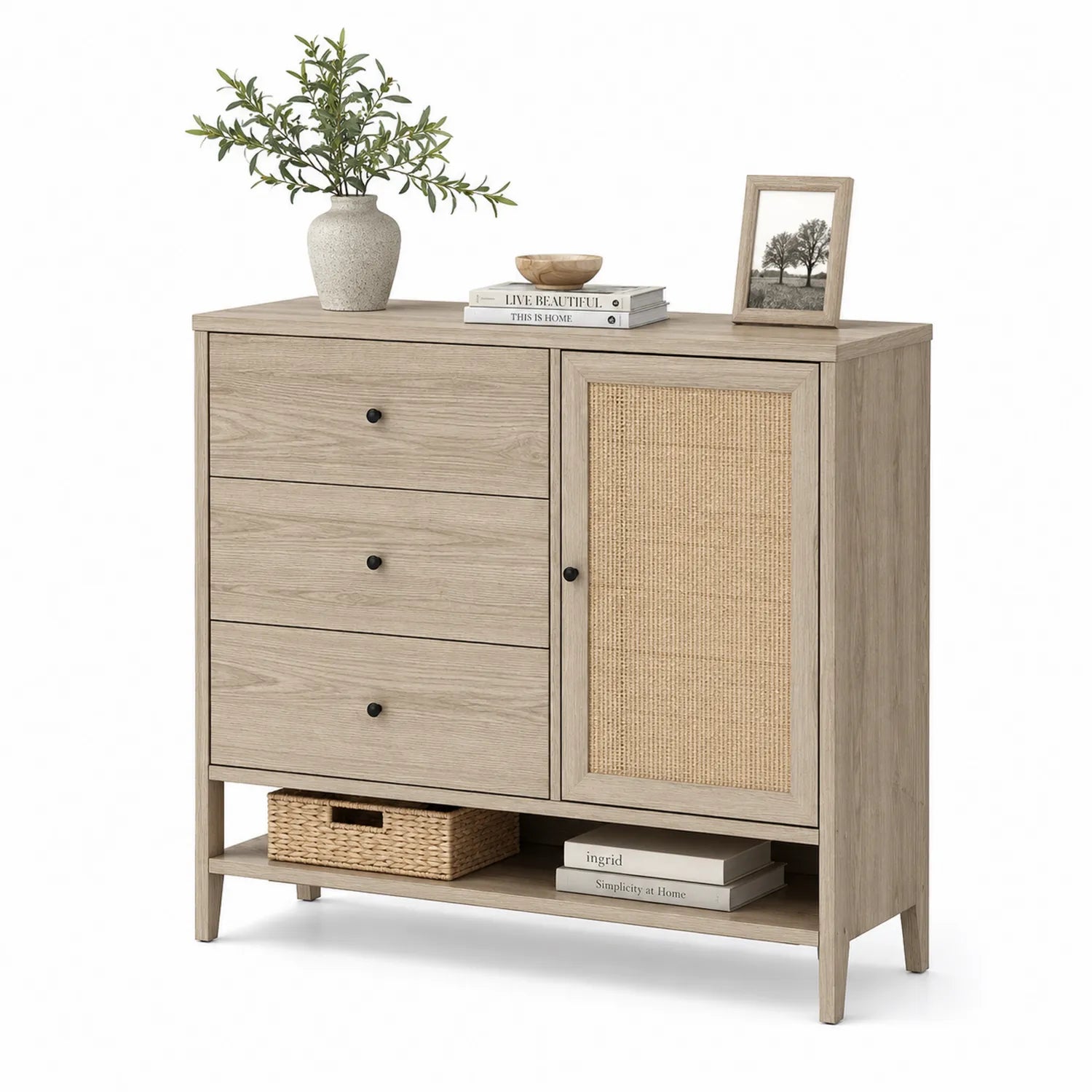 Aparador de roble con 3 cajones y puerta de mimbre 100x90x35 cm en Beige