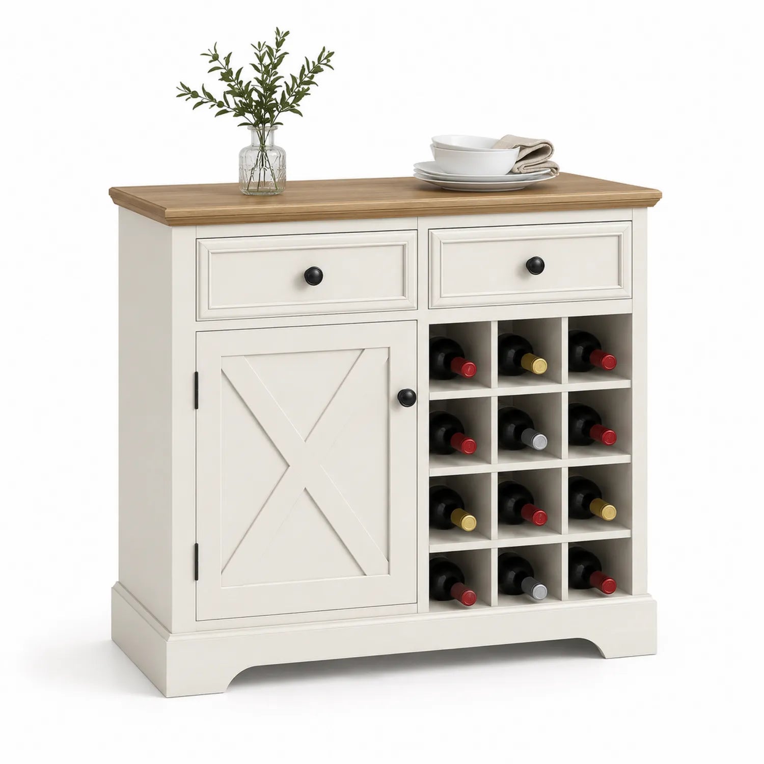 Aparador de Madera con Almacenamiento para Vinos Blanco y Roble