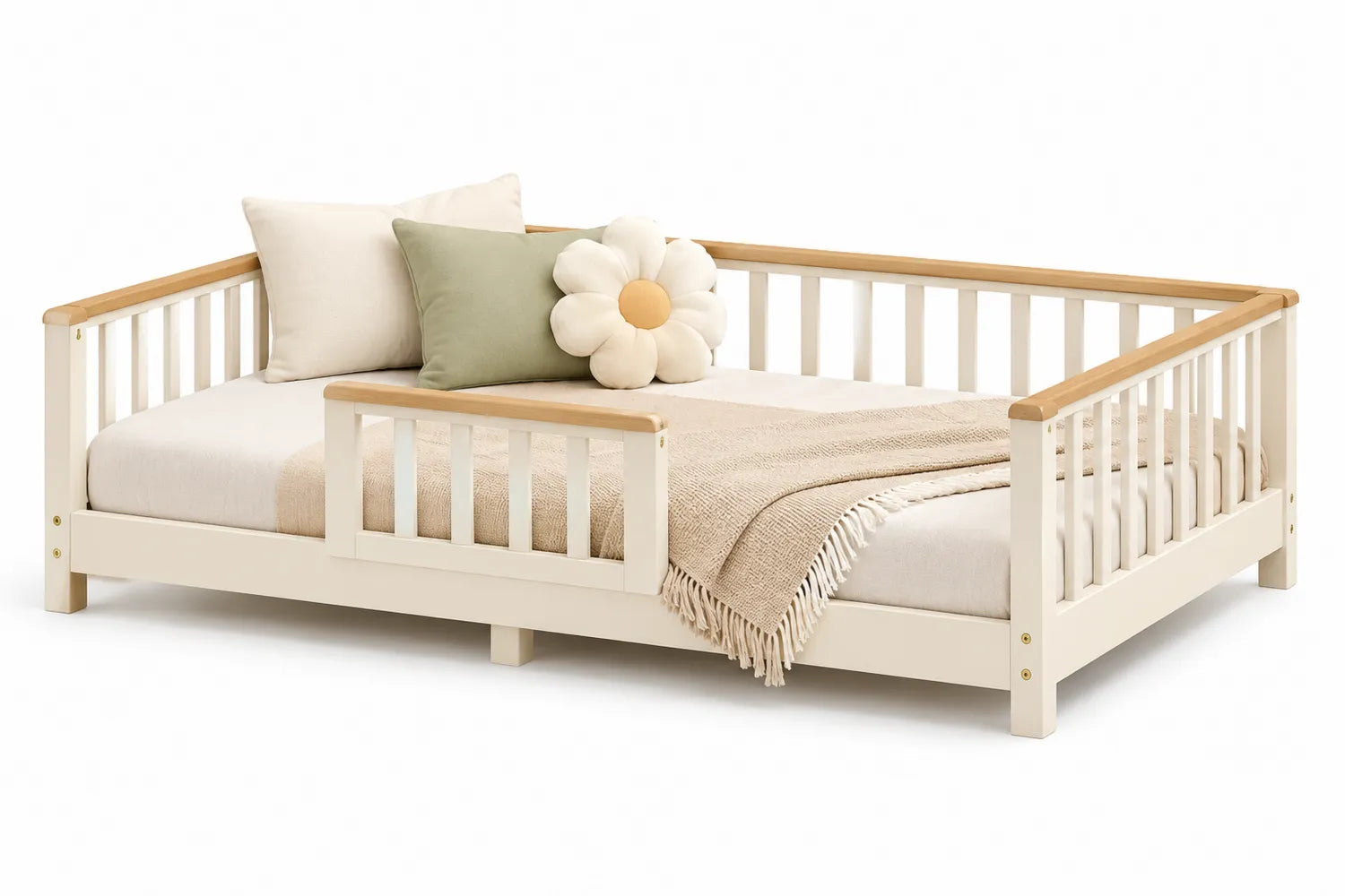 Cama infantil de madera con barandillas en Blanco y Beige 190x80 cm