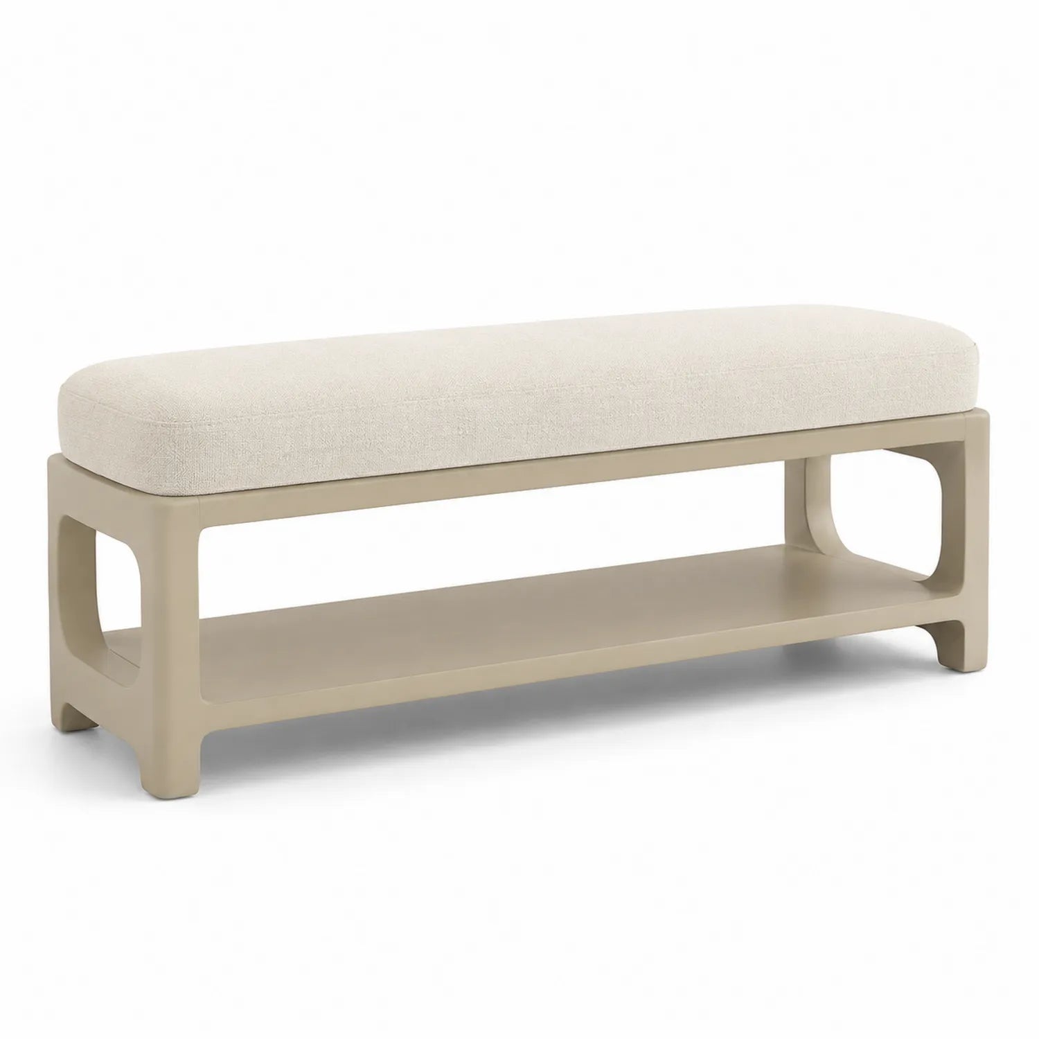 Banco de lino beige con estructura de madera 120x40x45 cm