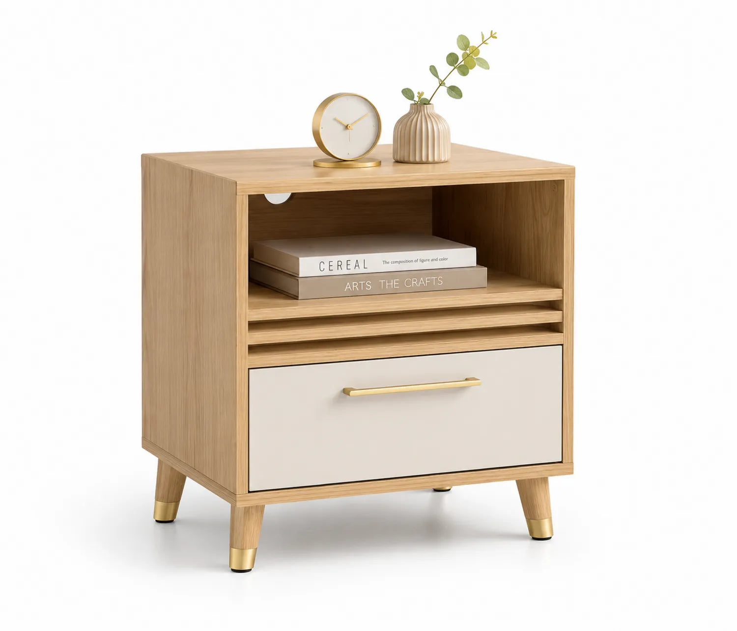 Mesa de noche de madera de roble con cajón y estante