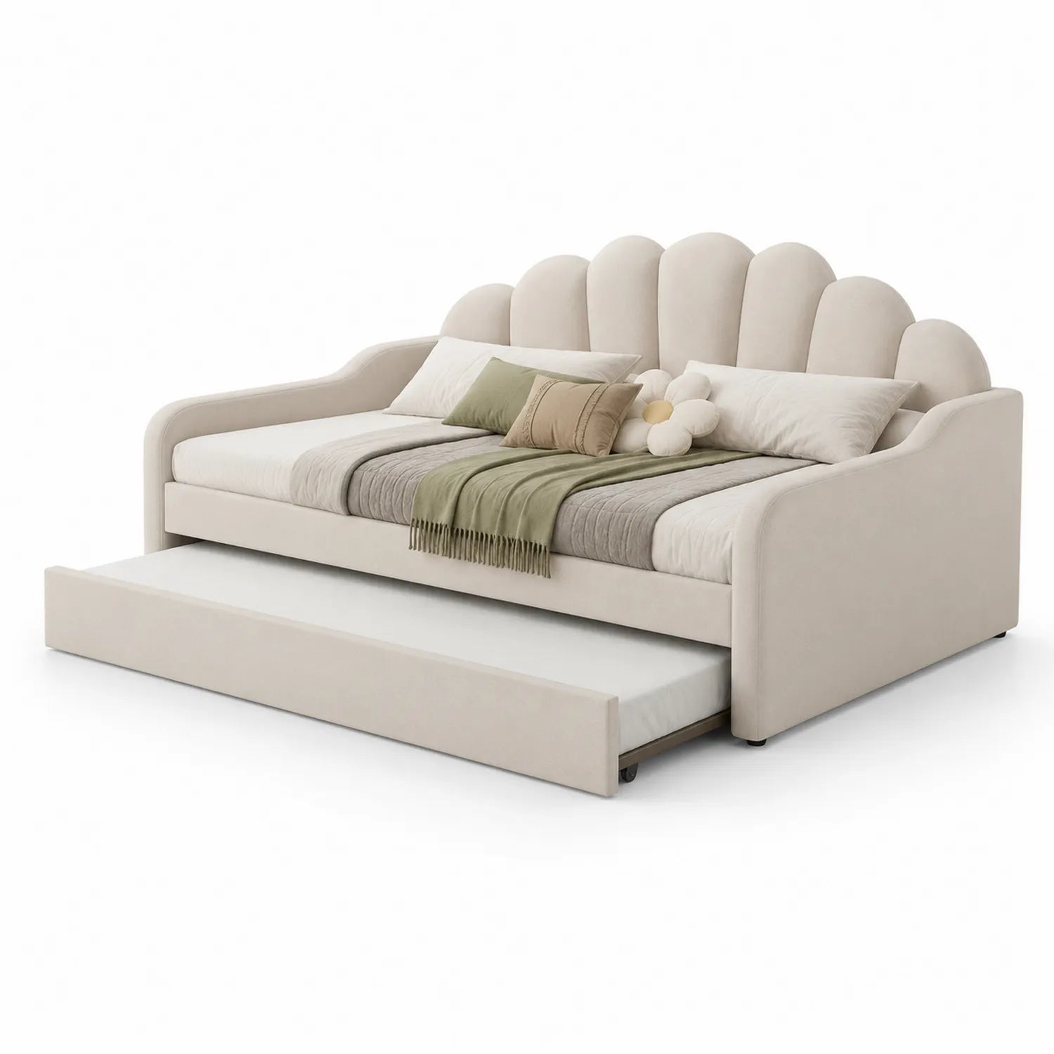 Cama nido tapizada en terciopelo beige con cabecero en forma de concha
