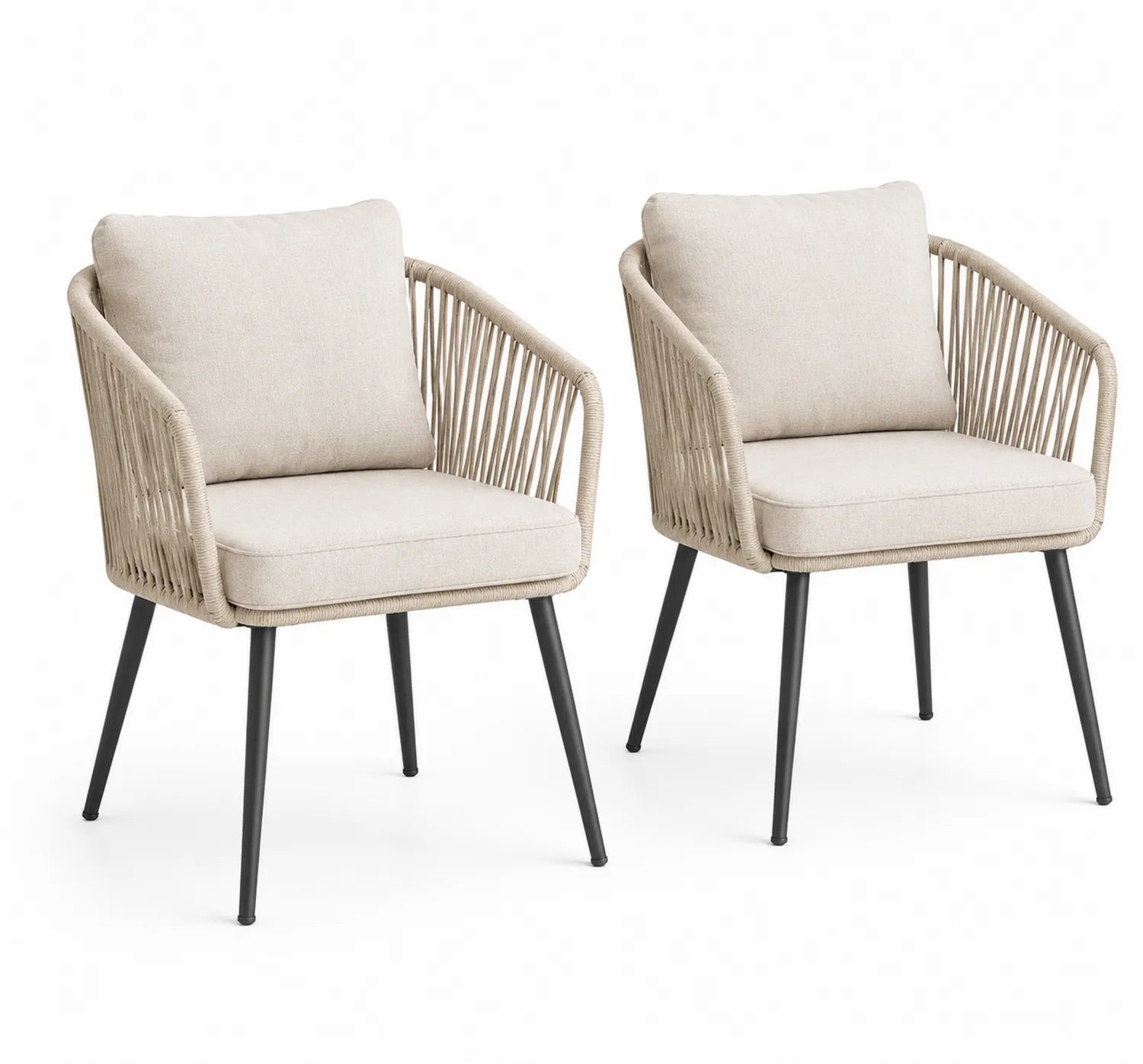 Set de 2 Sillas de Exterior de Cuerda Sintética Beige con Cojines y Patas de Metal