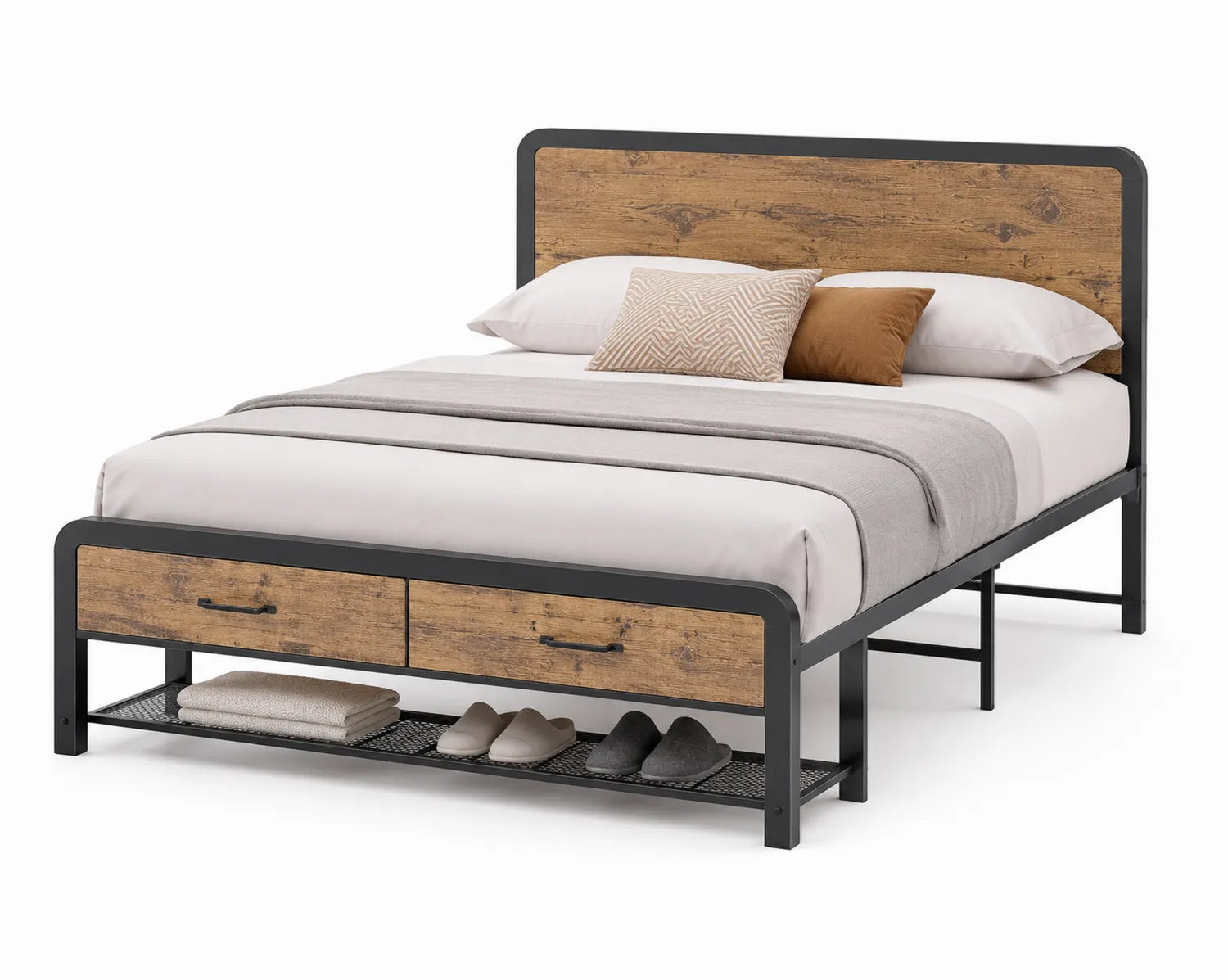 Cama doble de metal y madera con cajones 200x150 cm Marrón/Negro