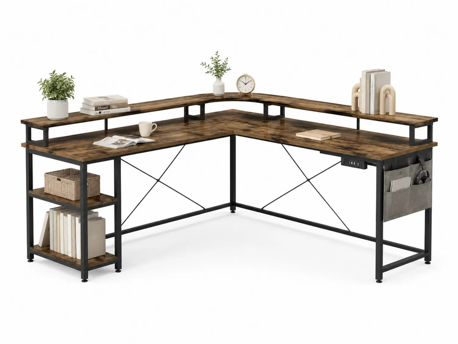 Escritorio Esquinero en Forma de L con Estantes de Madera y Estructura Metálica, 150x120x75 cm, Marrón