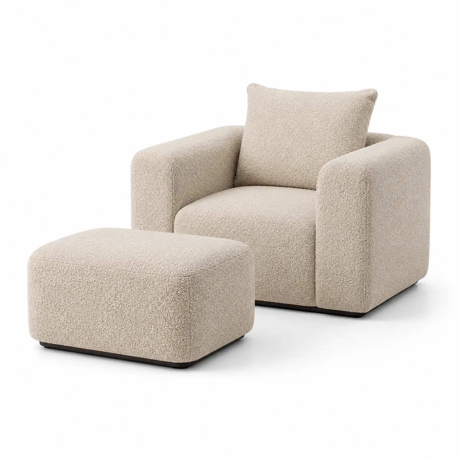 Sillón con reposapiés de tela bouclé y espuma, Beige, 2 piezas