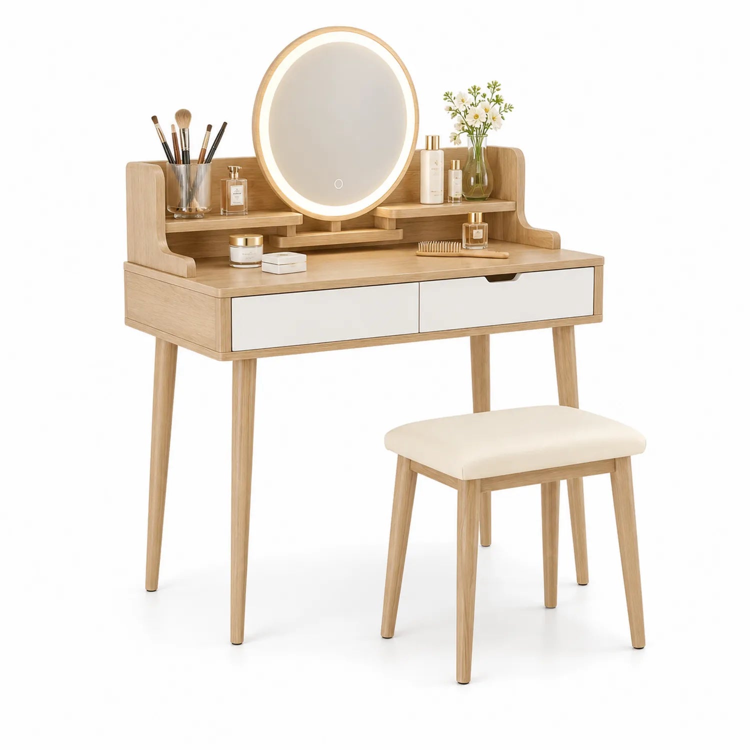 Conjunto de tocador de madera maciza con espejo iluminado y taburete, color Natural/Blanco