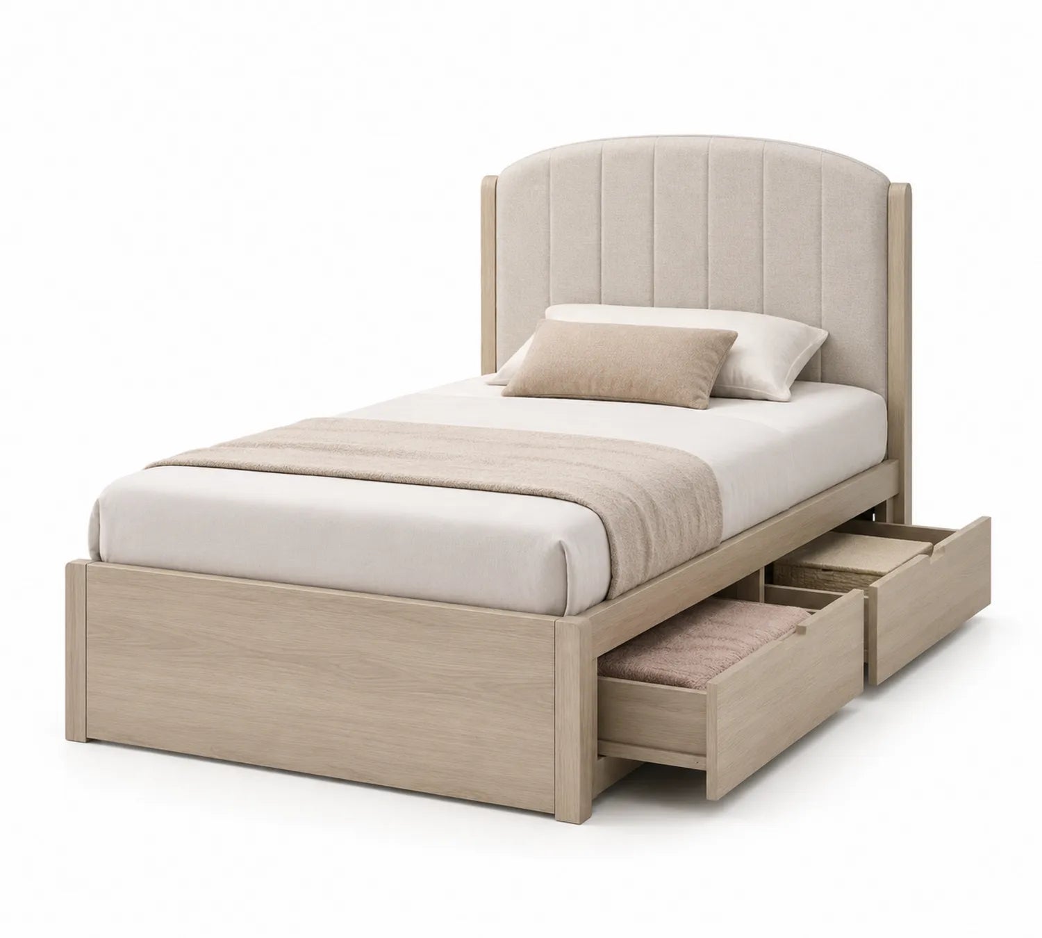 Cama individual con cabecero tapizado y cajones de almacenamiento de madera y tela beige