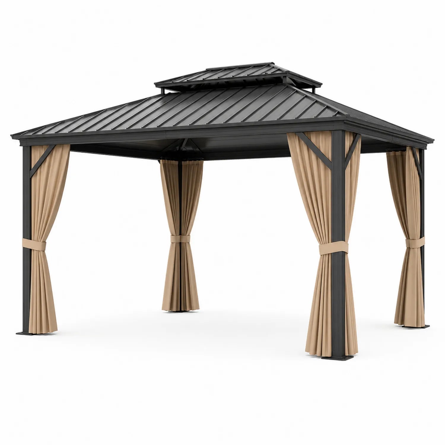 Pérgola de Aluminio con Techo de Acero y Cortinas de Poliéster 3x4m