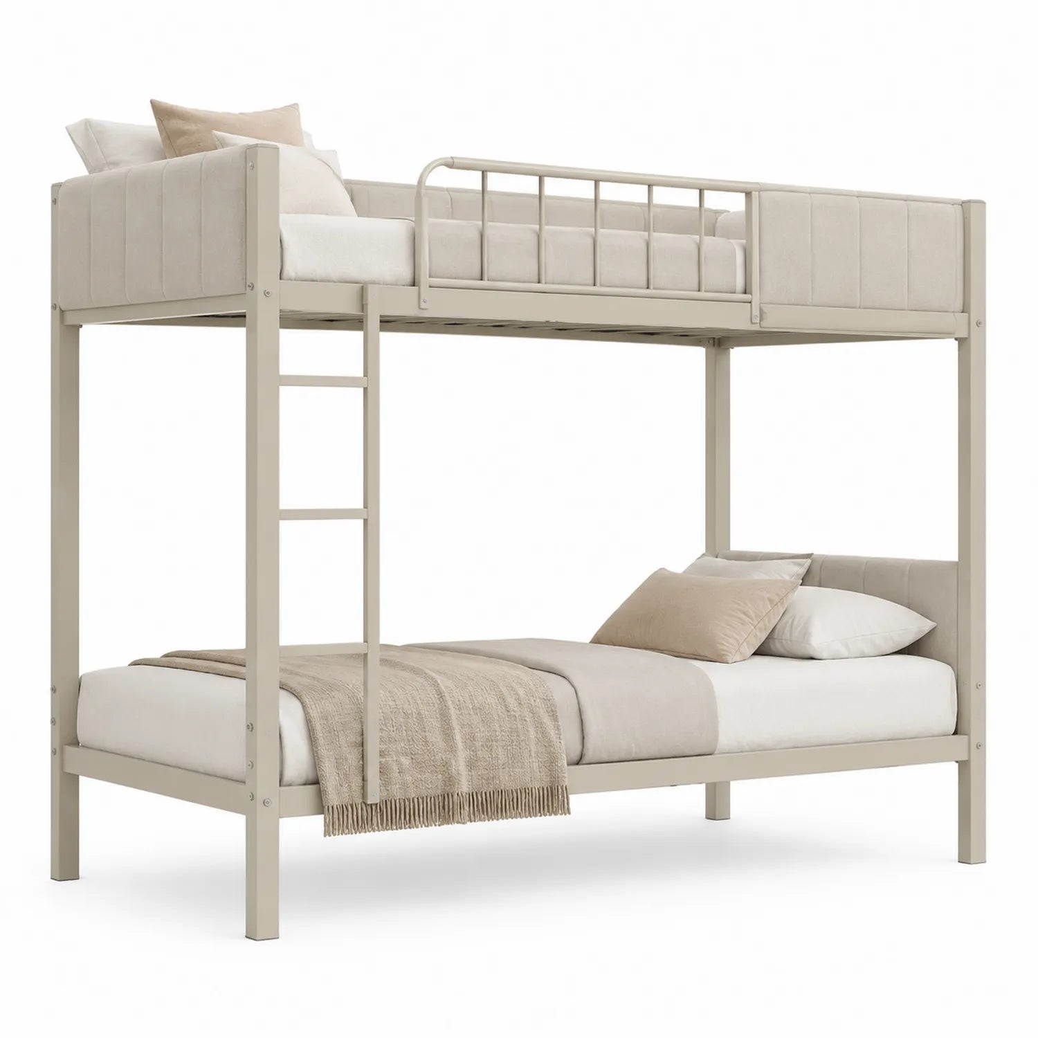 Litera de metal color beige con escalera