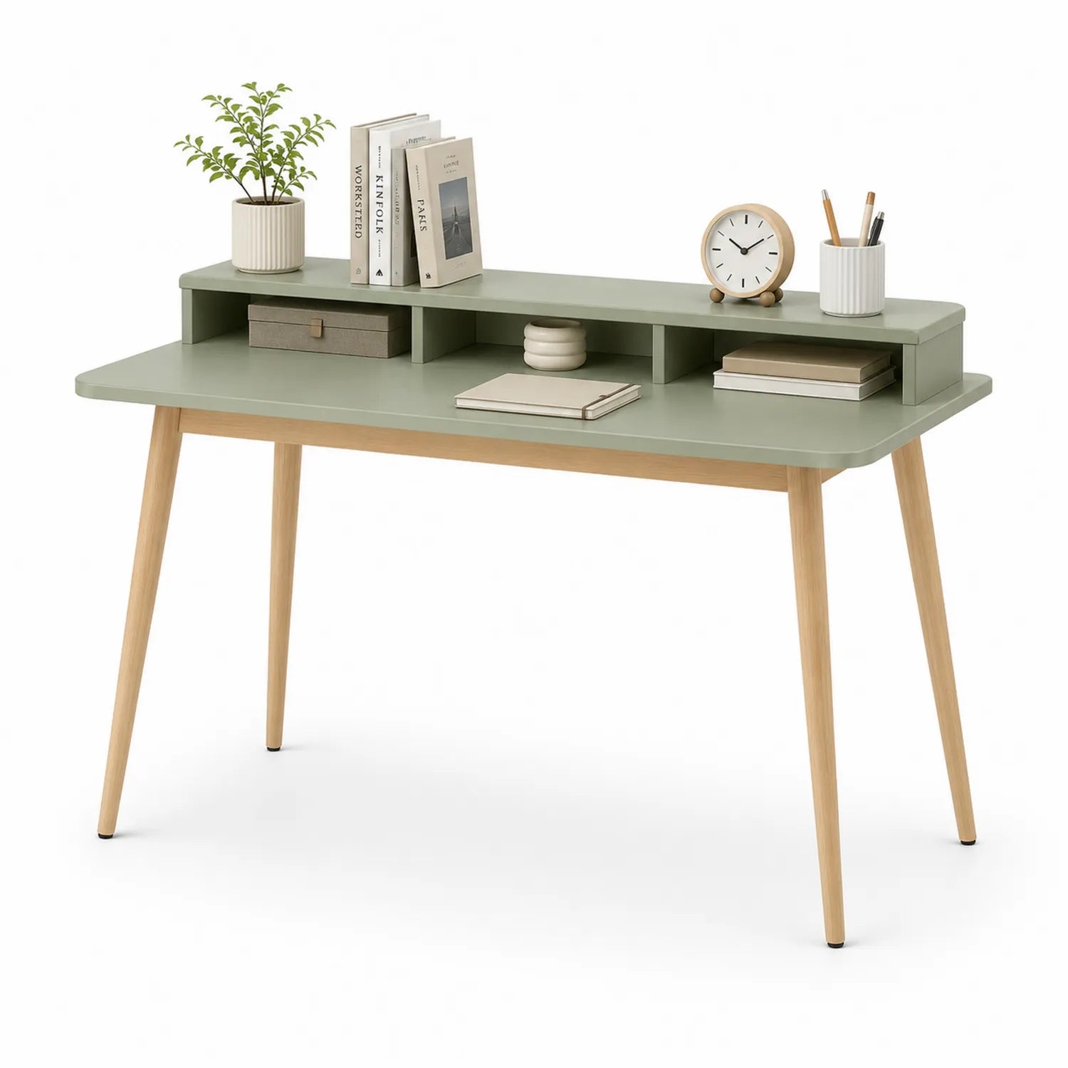 Escritorio de madera con estantería de MDF verde claro