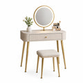 Tocador con Espejo Redondo y Taburete en MDF y Metal Beige y Dorado