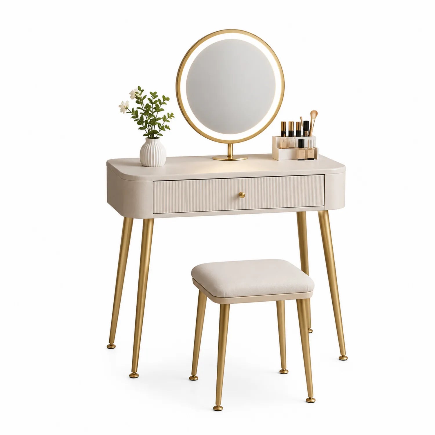 Tocador con Espejo Redondo y Taburete en MDF y Metal Beige y Dorado