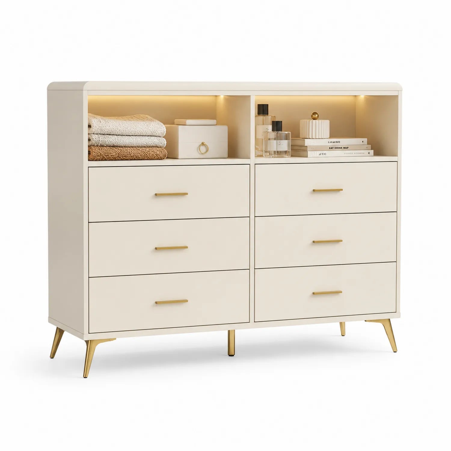 Cajonera de Dormitorio de MDF Blanco con Patas Doradas 120x40x80 cm