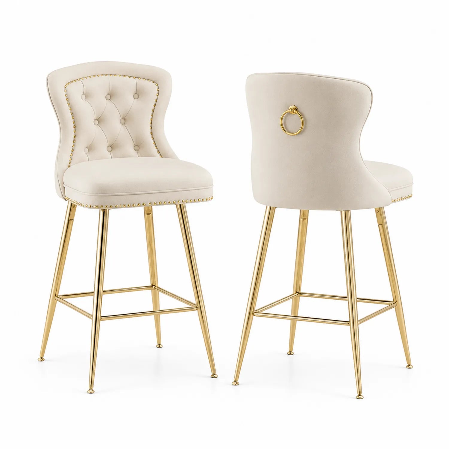 Taburetes de terciopelo crema con patas de metal dorado