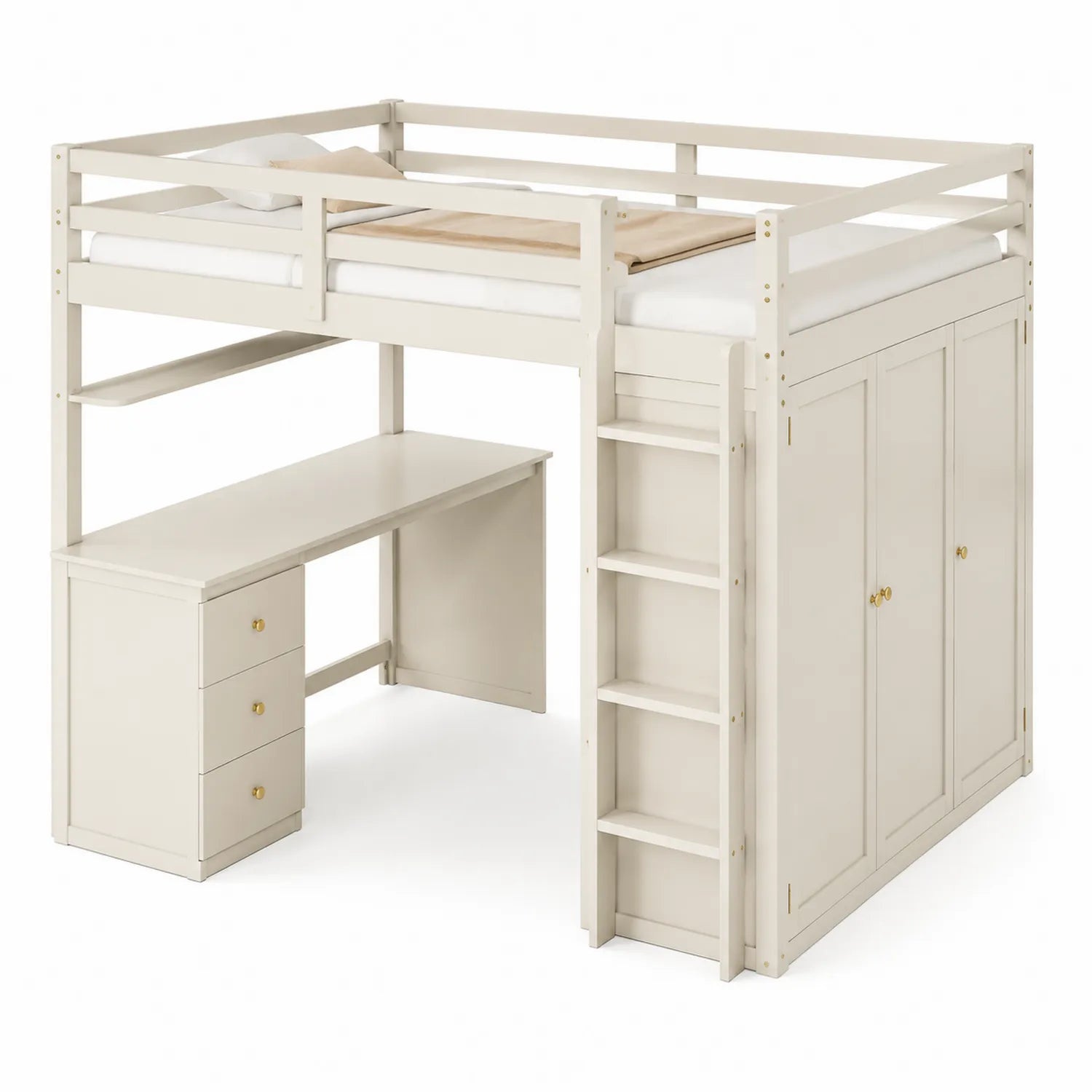 Cama alta de madera con escritorio y armario 200x90 cm Beige